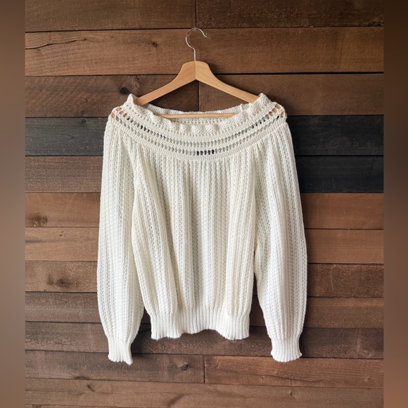 Vintage Cream Off Shoulder Knit Sweater Cottagecore Balloon Sleeve Soft - Picture 9 of 17